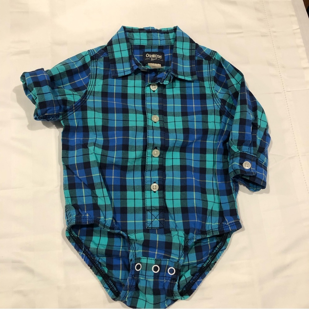 Oshkosh Long Sleeve Blue and Green Button Up Polo Bodysuit